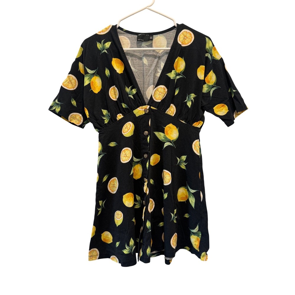 ASOS DESIGN Lemon‎ Print Skater Mini Dress Womens 6 Black Yellow Cotton V Neck